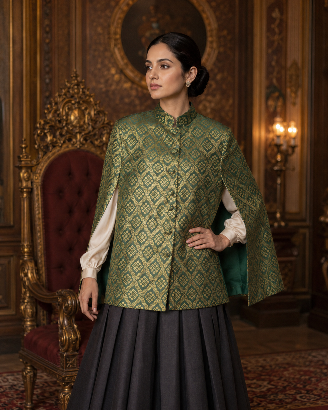 Gayatri Banarasi Cape Jacket with Gold Diamond Weave