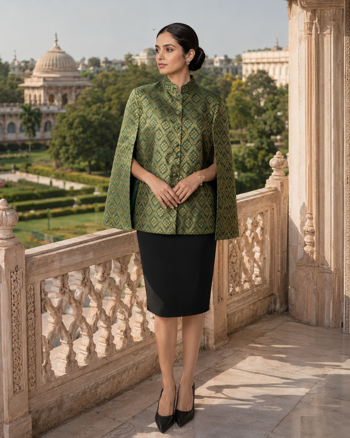 Gayatri Banarasi Cape Jacket with Gold Diamond Weave