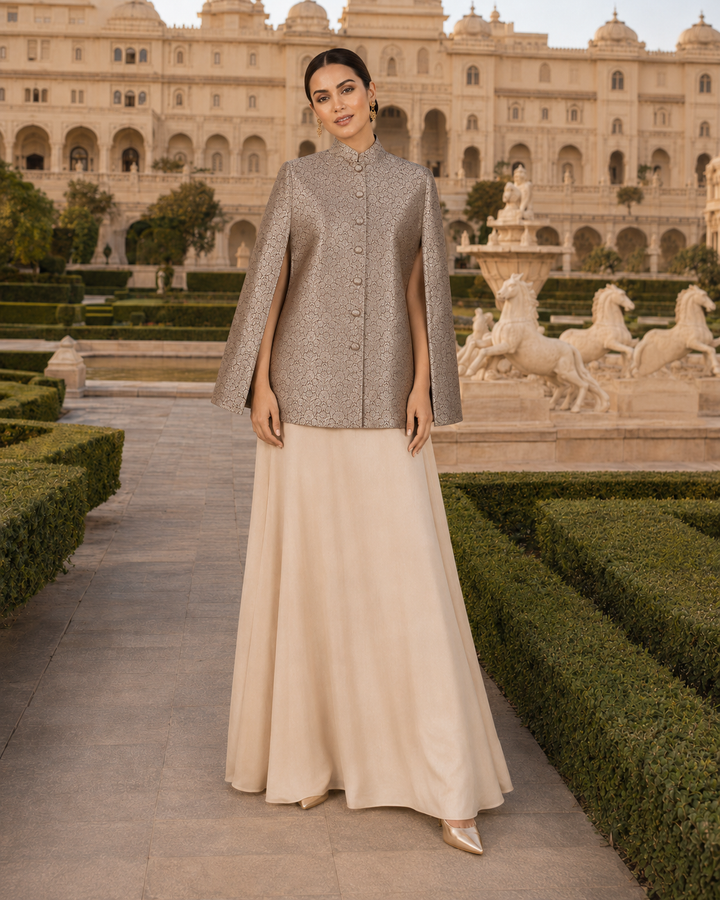 Ahilya Banarasi Cape Jacket with Floral Weave
