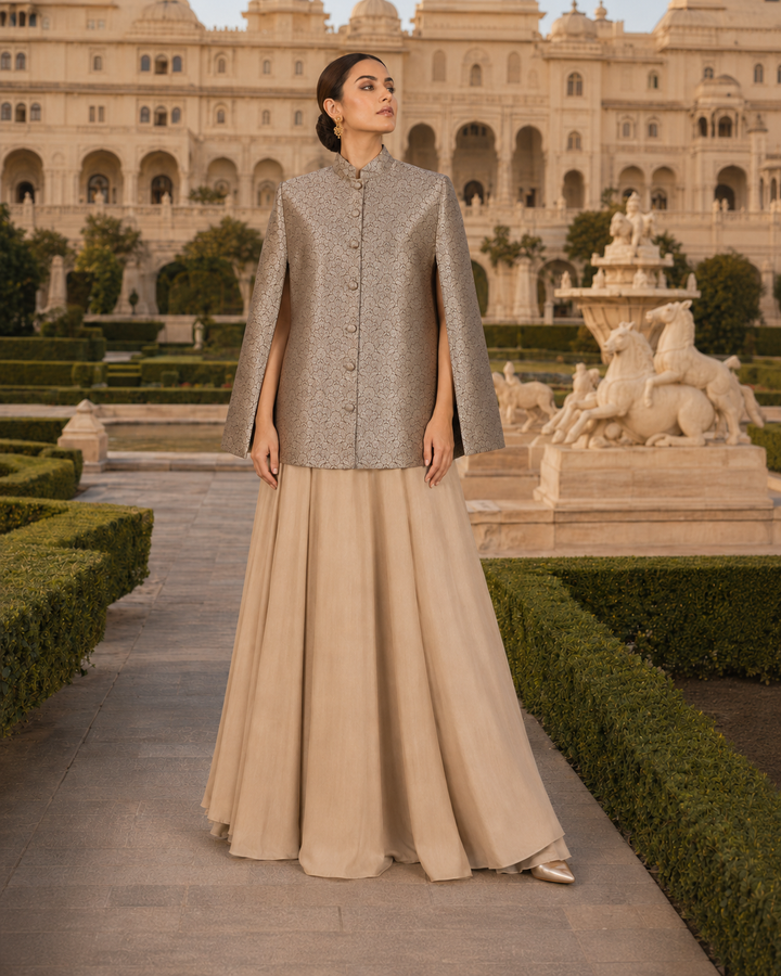 Ahilya Banarasi Cape Jacket with Floral Weave