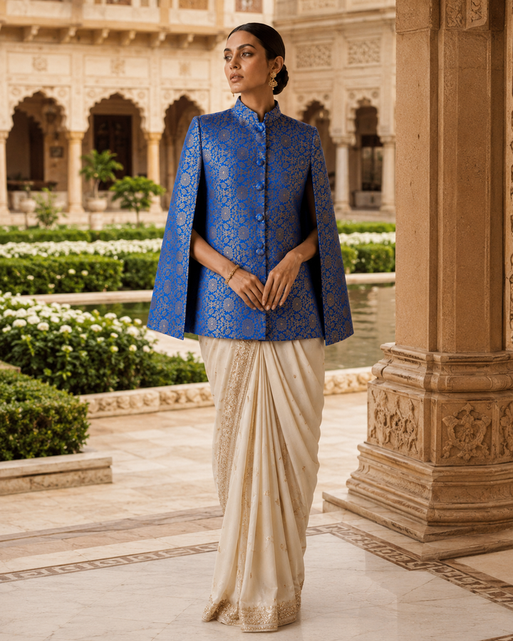 Mumtaz Banarasi Cape Jacket with Gold Floral Weave
