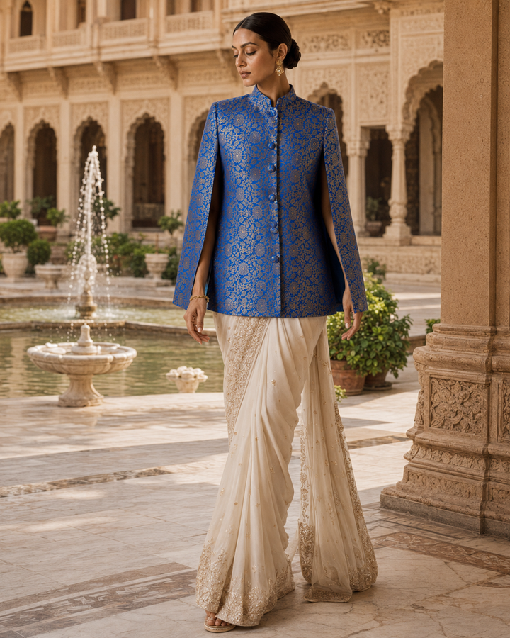 Mumtaz Banarasi Cape Jacket with Gold Floral Weave