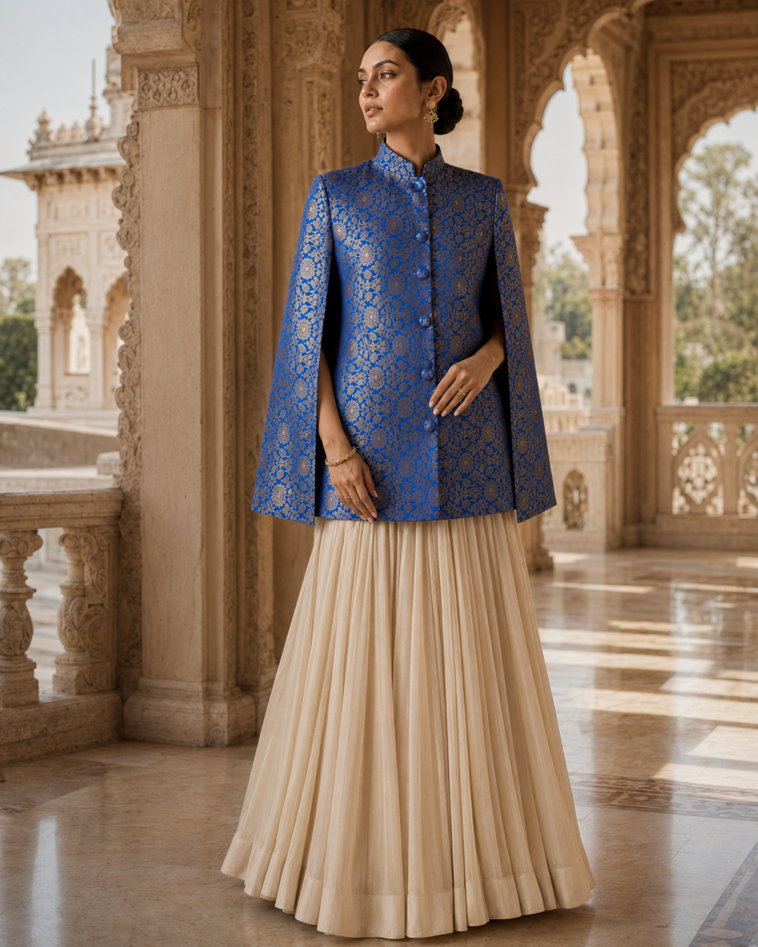 Mumtaz Banarasi Cape Jacket with Gold Floral Weave