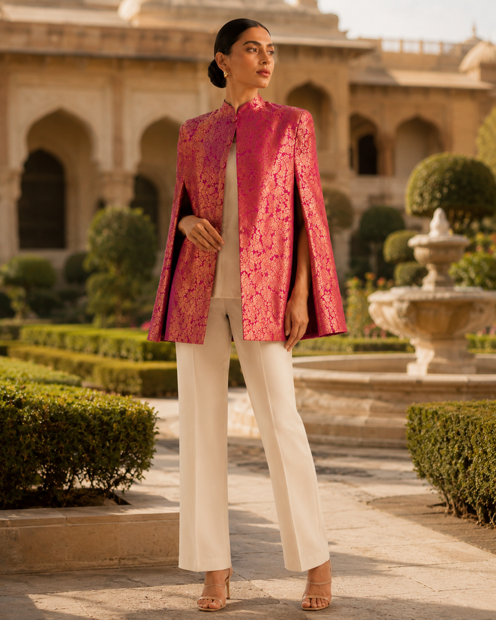 Mira Banarasi Cape Jacket with Floral Weave