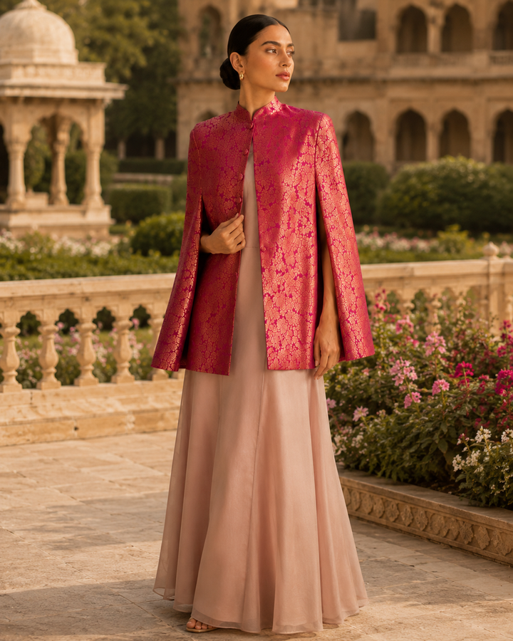 Mira Banarasi Cape Jacket with Floral Weave