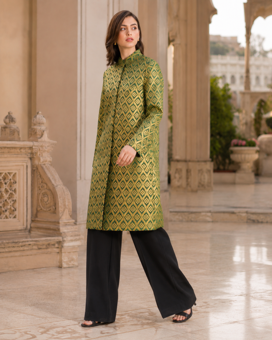 Gayatri Banarasi Long Jacket with Gold Diamond Weave