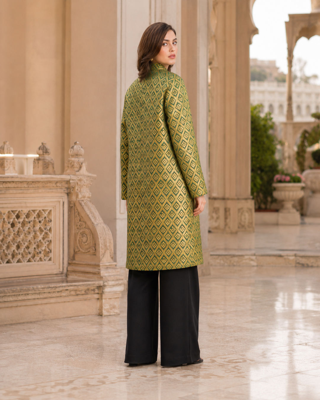 Gayatri Banarasi Long Jacket with Gold Diamond Weave