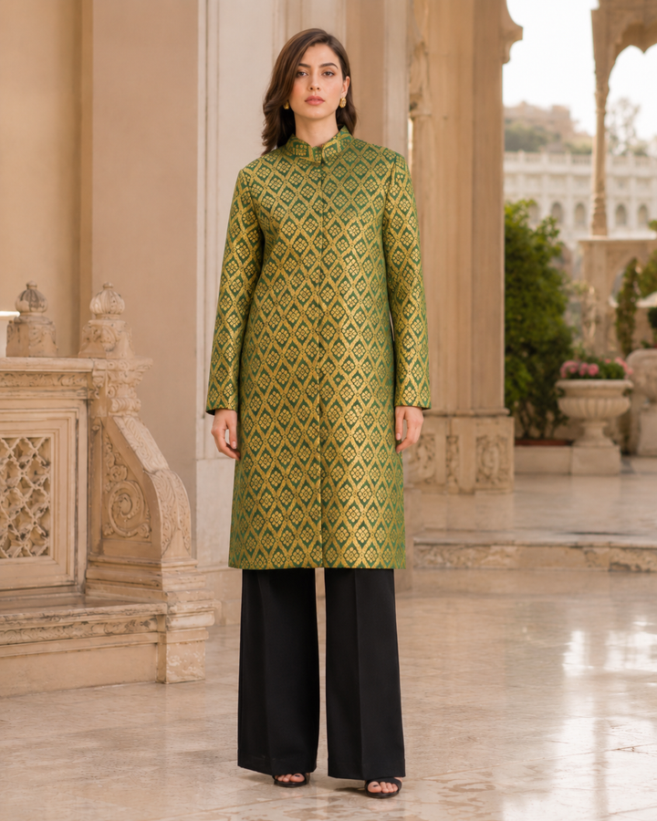 Gayatri Banarasi Long Jacket with Gold Diamond Weave