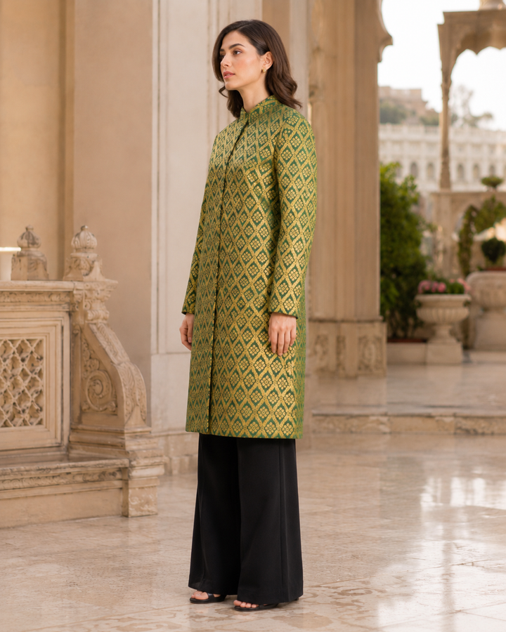 Gayatri Banarasi Long Jacket with Gold Diamond Weave