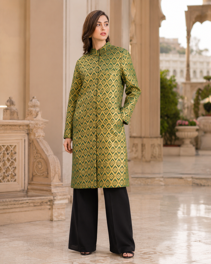 Gayatri Banarasi Long Jacket with Gold Diamond Weave
