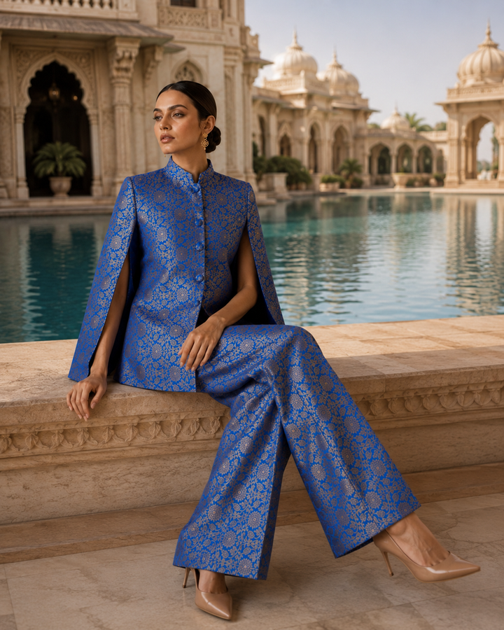 Mumtaz Banarasi Cape Co-ord Set with Gold Floral Weave