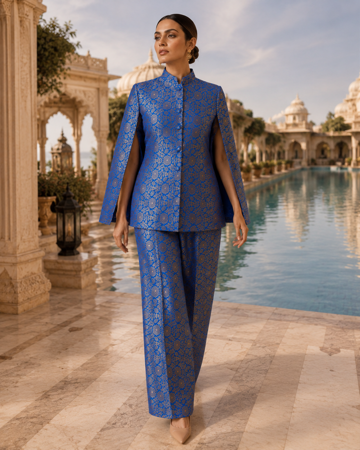 Mumtaz Banarasi Cape Co-ord Set with Gold Floral Weave