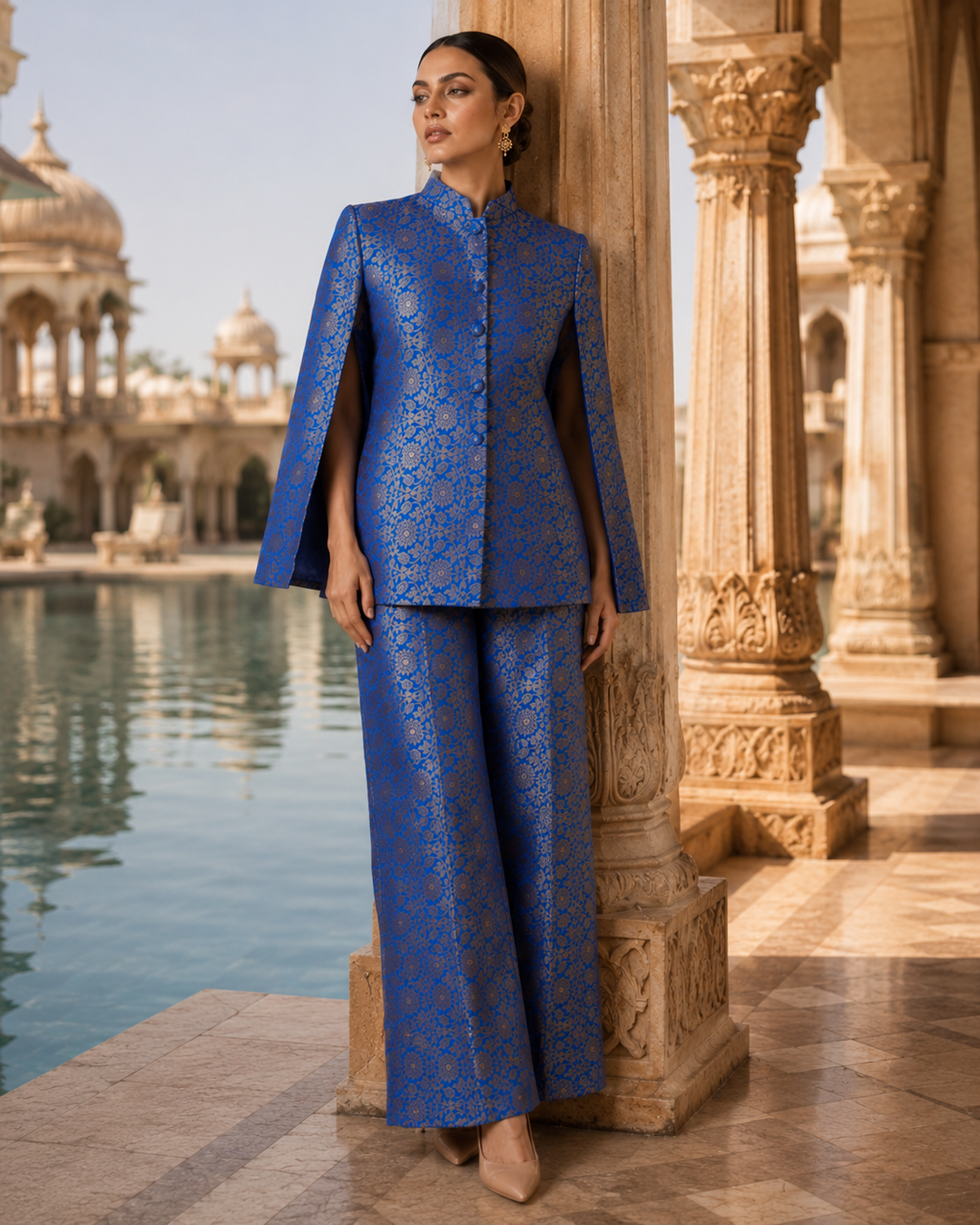 Mumtaz Banarasi Cape Co-ord Set with Gold Floral Weave