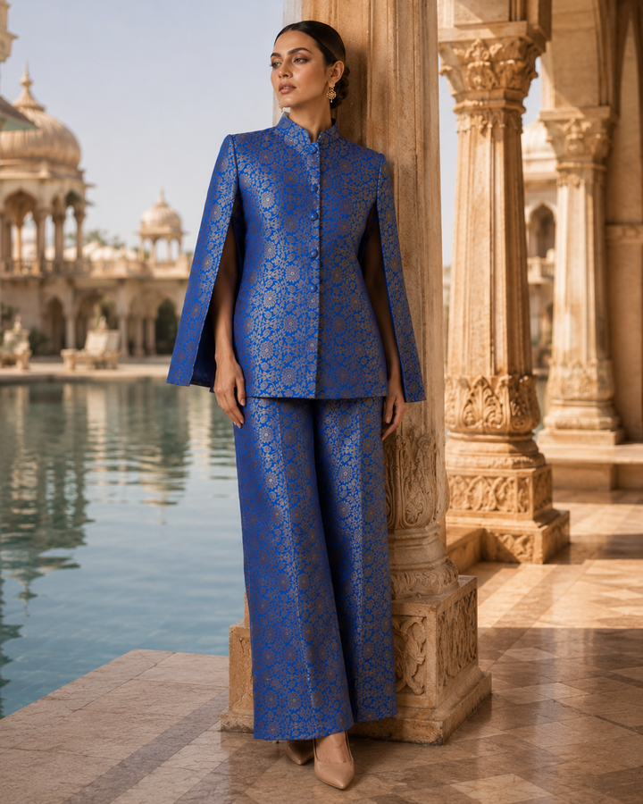 Mumtaz Banarasi Cape Co-ord Set with Gold Floral Weave