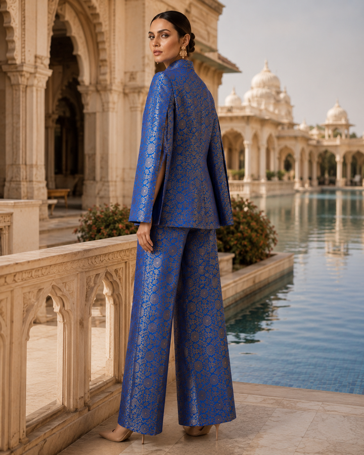 Mumtaz Banarasi Cape Co-ord Set with Gold Floral Weave
