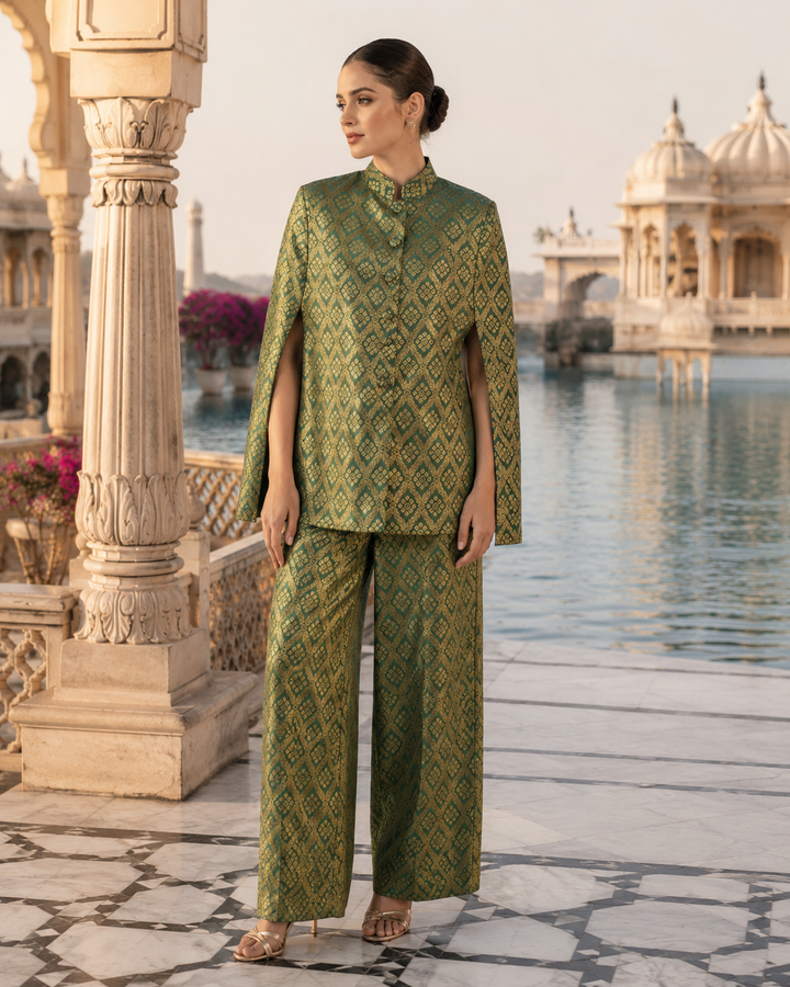 Gayatri Banarasi Cape Co-ord Set with Gold Diamond Weave