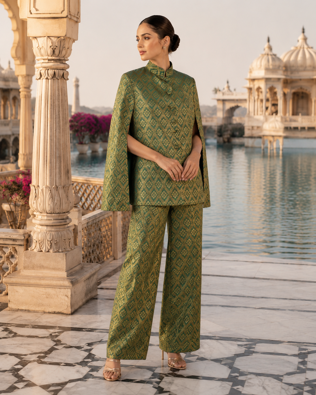 Gayatri Banarasi Cape Co-ord Set with Gold Diamond Weave