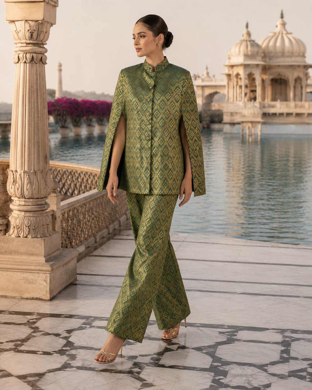 Gayatri Banarasi Cape Co-ord Set with Gold Diamond Weave