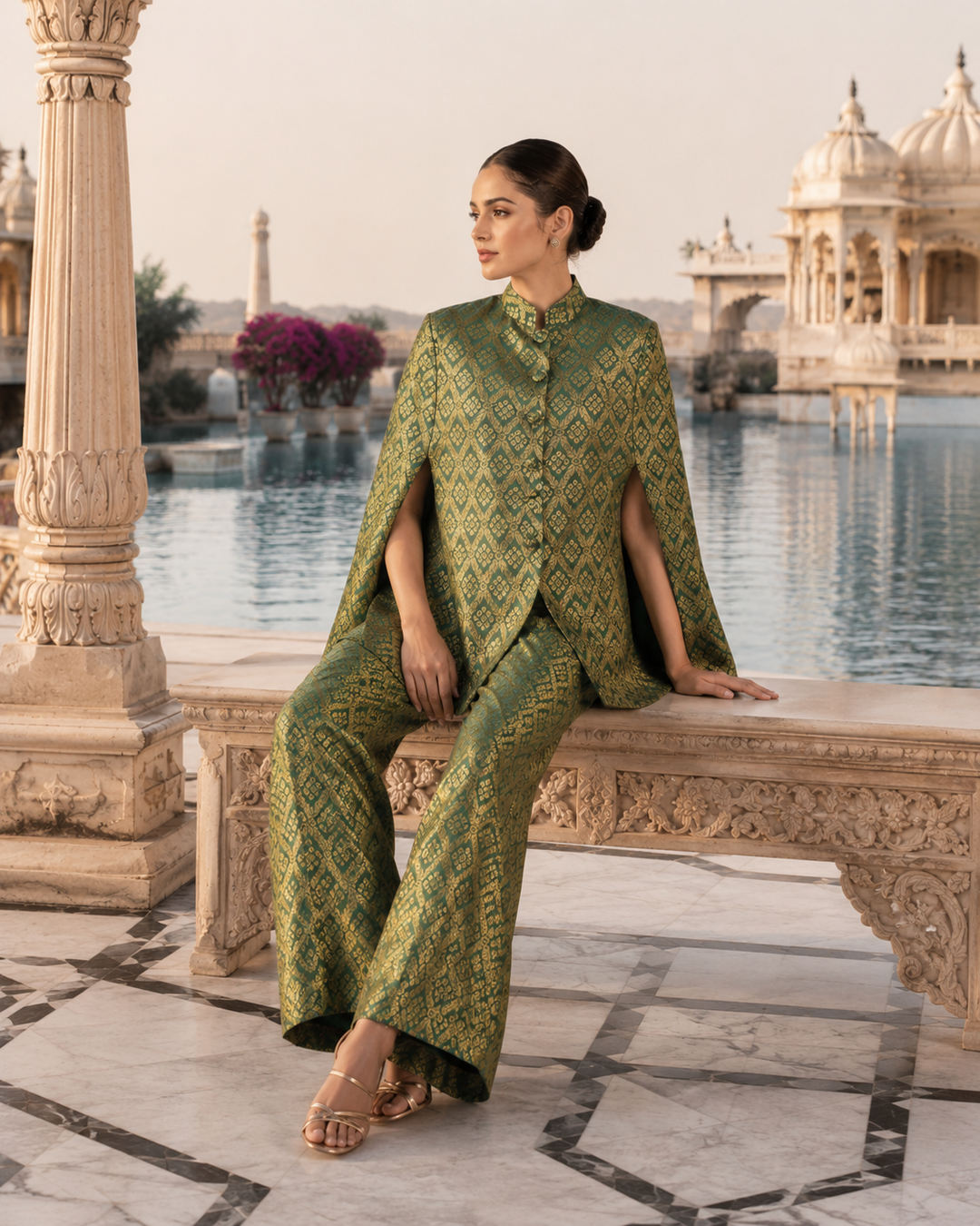 Gayatri Banarasi Cape Co-ord Set with Gold Diamond Weave