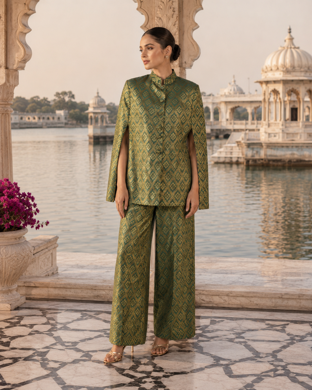 Gayatri Banarasi Cape Co-ord Set with Gold Diamond Weave