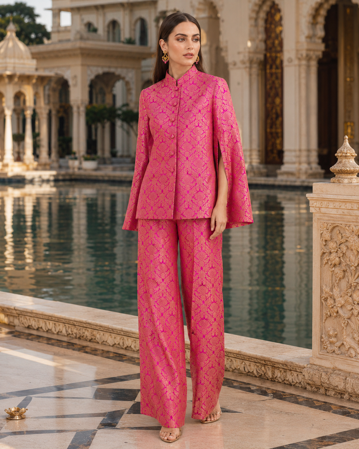 Jodha Banarasi Cape Co-ord Set with Floral Weave