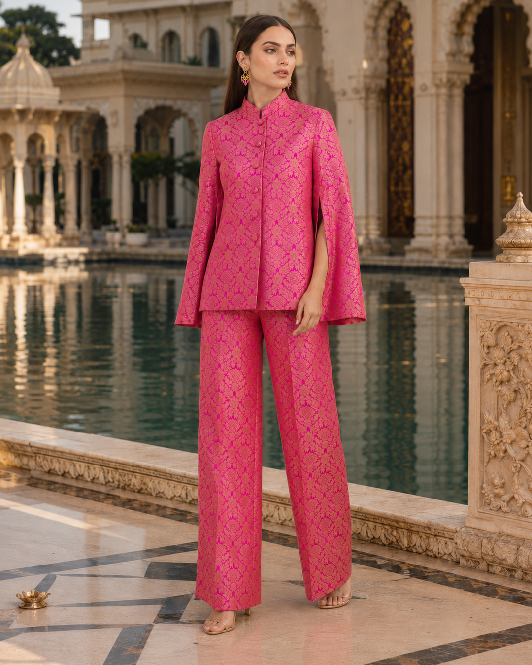 Jodha Banarasi Cape Co-ord Set with Floral Weave