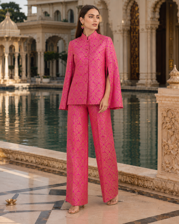 Jodha Banarasi Cape Co-ord Set with Floral Weave