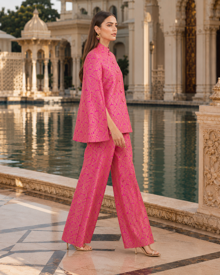 Jodha Banarasi Cape Co-ord Set with Floral Weave