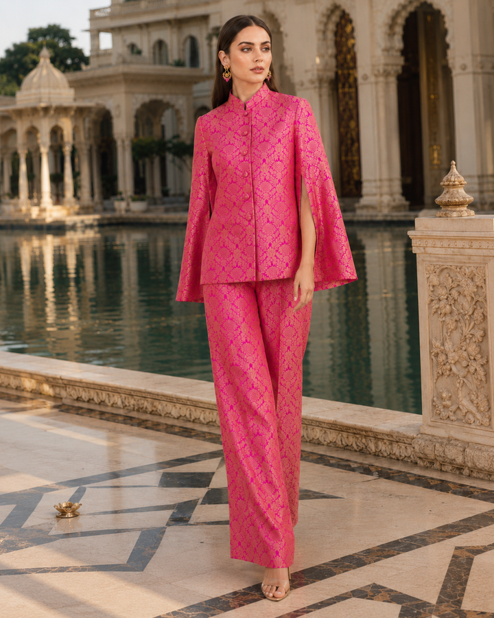 Jodha Banarasi Cape Co-ord Set with Floral Weave