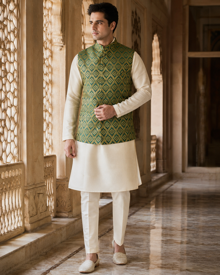 Baji Roa Banarasi Men’s Waistcoat with Gold Diamond Weave