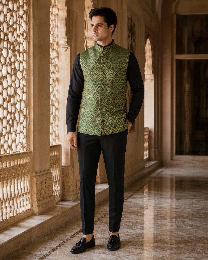 Baji Roa Banarasi Men’s Waistcoat with Gold Diamond Weave