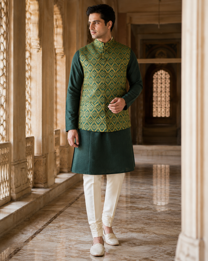 Baji Roa Banarasi Men’s Waistcoat with Gold Diamond Weave