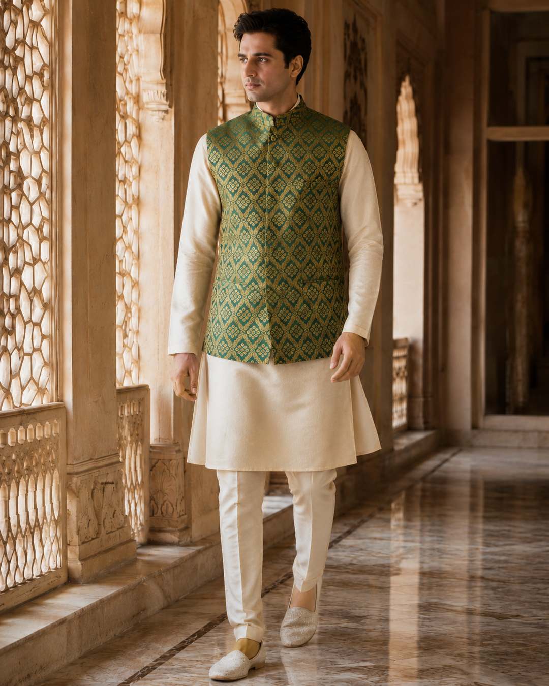 Baji Roa Banarasi Men’s Waistcoat with Gold Diamond Weave