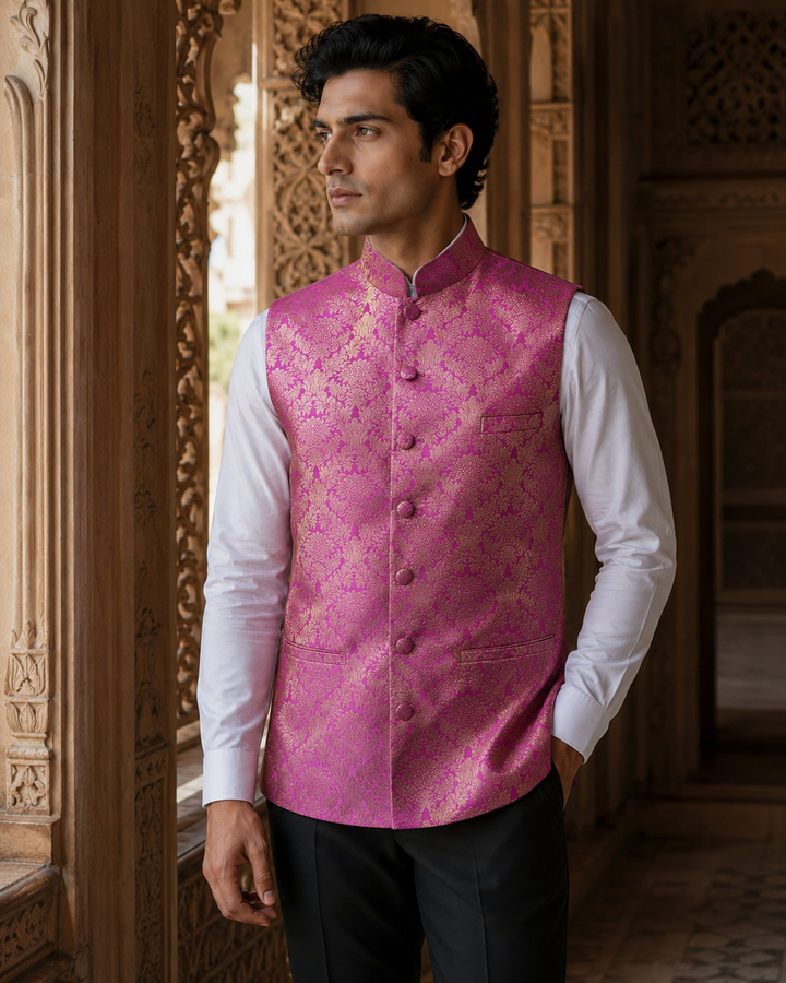 Akbar Banarasi Men’s Waistcoat with Floral Weave