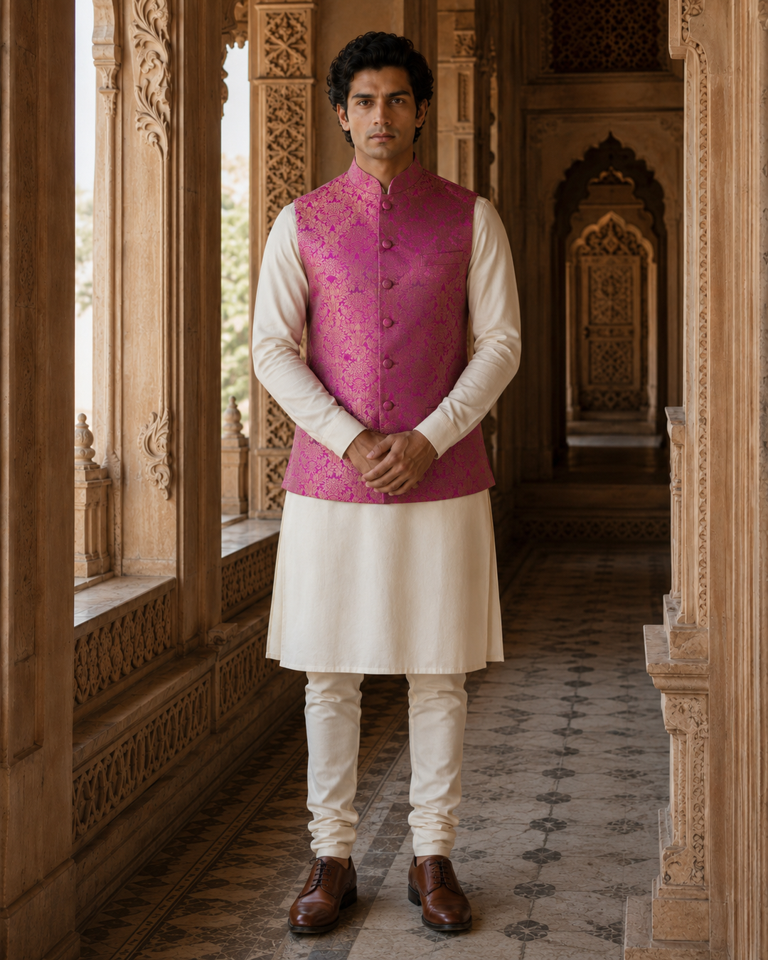 Akbar Banarasi Men’s Waistcoat with Floral Weave