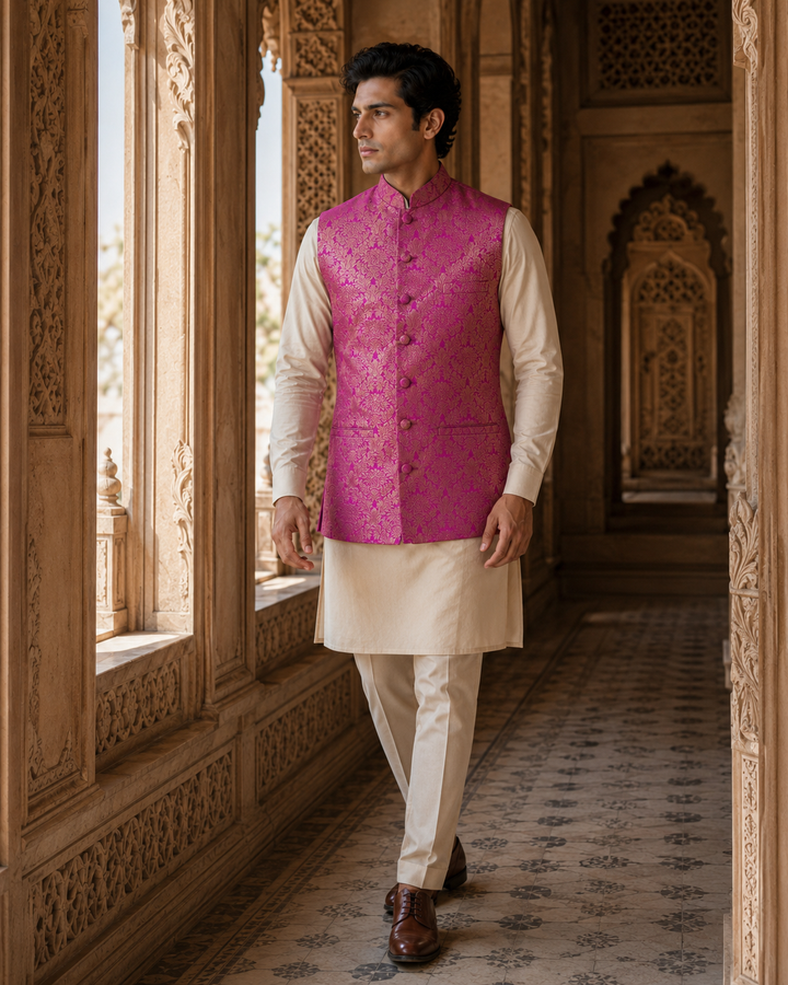 Akbar Banarasi Men’s Waistcoat with Floral Weave