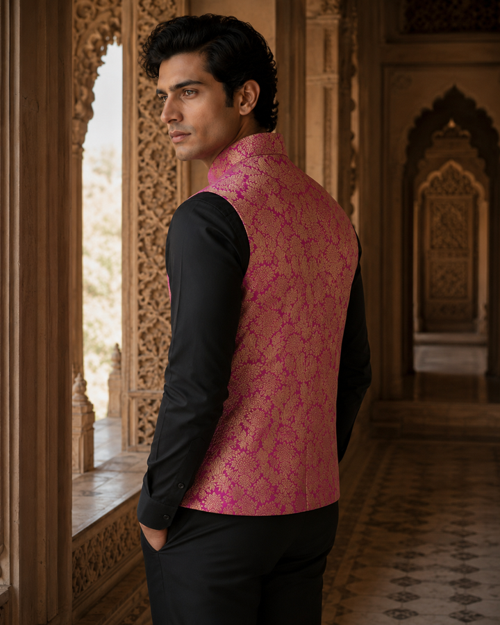 Akbar Banarasi Men’s Waistcoat with Floral Weave