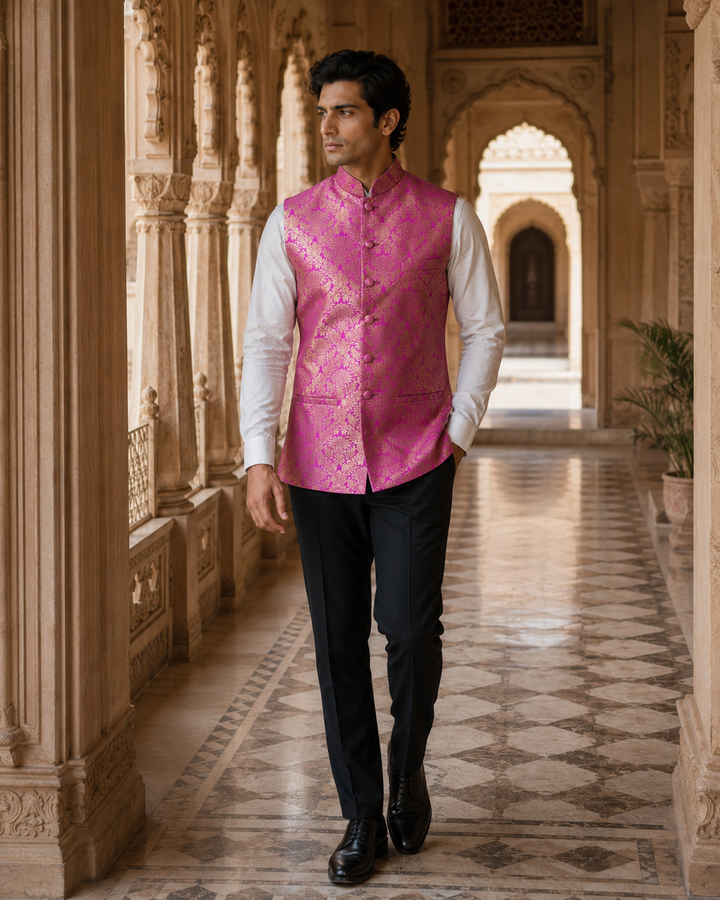 Akbar Banarasi Men’s Waistcoat with Floral Weave