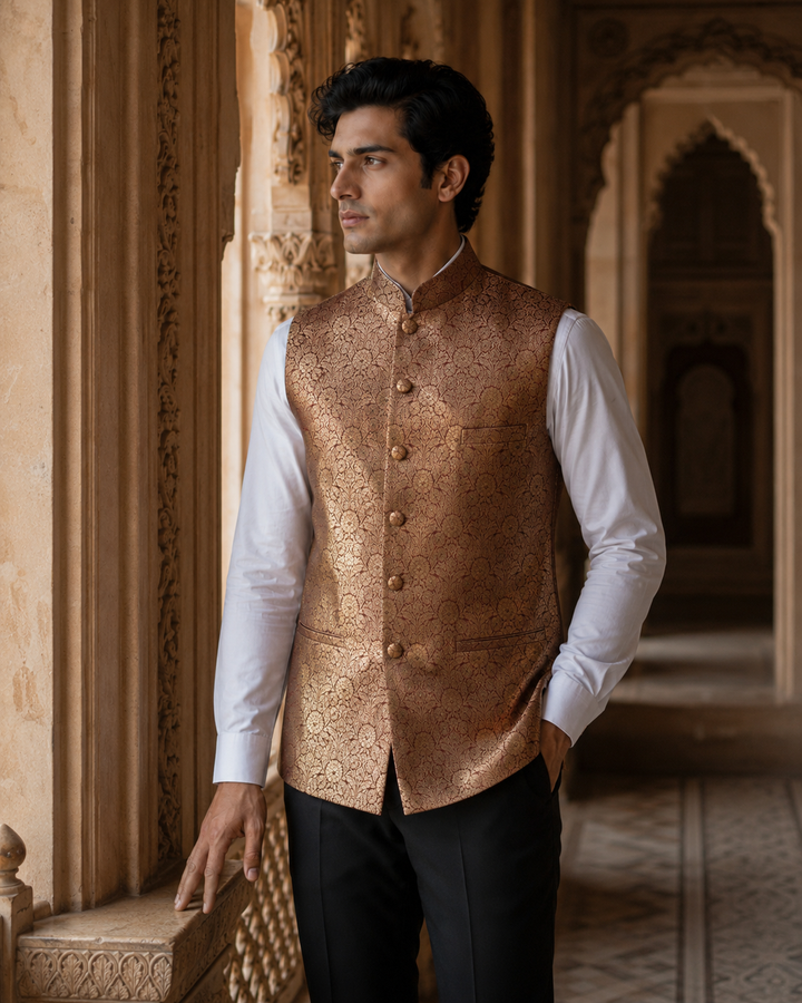 Pratap Banarasi Men’s Waistcoat with Floral Weave