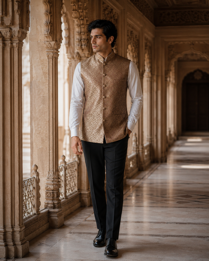 Pratap Banarasi Men’s Waistcoat with Floral Weave