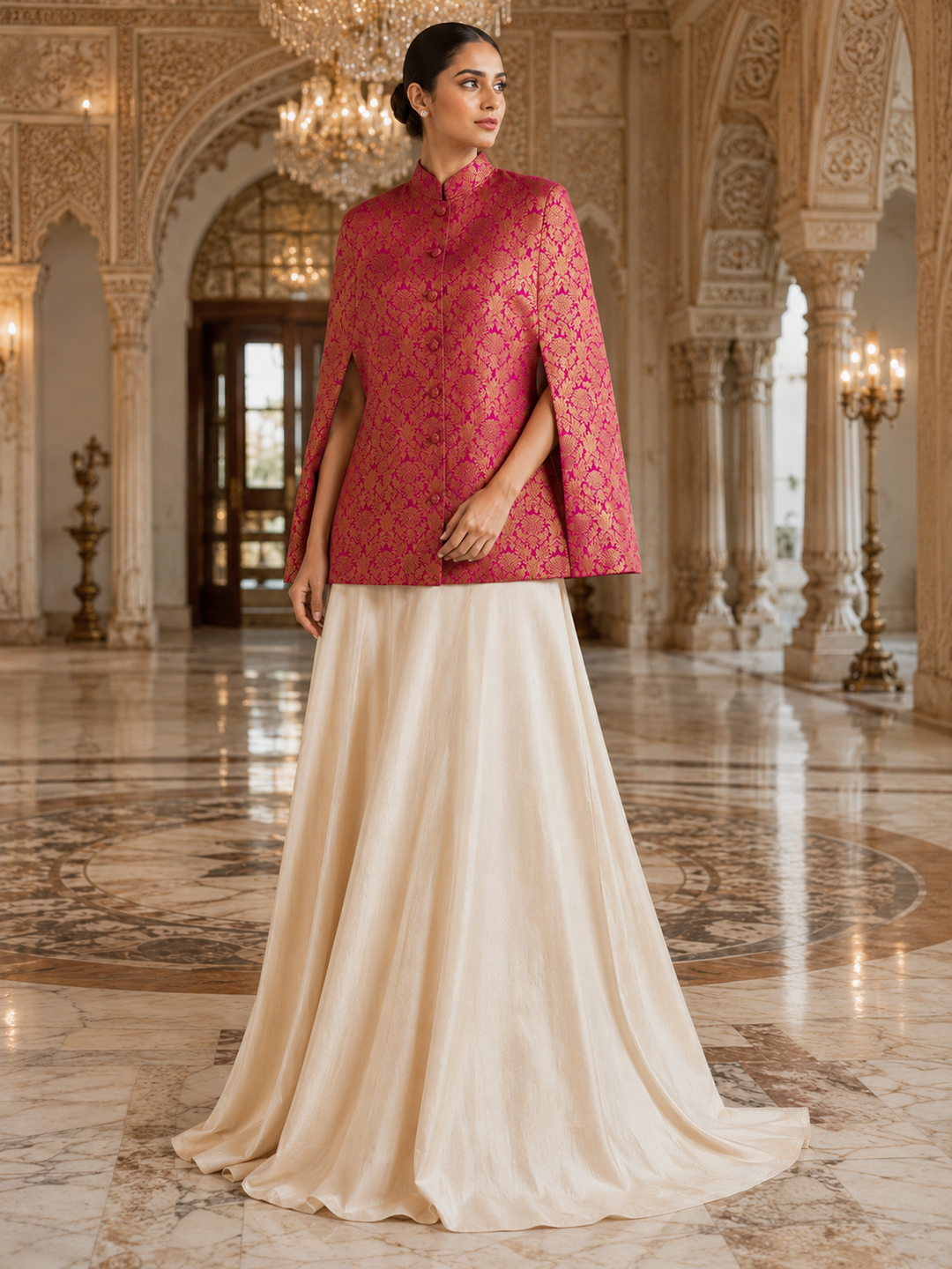 A woman stands in an ornate indoor hall wearing a traditional outfit with a bright pink embroidered cape-style jacket and a long cream satin skirt.