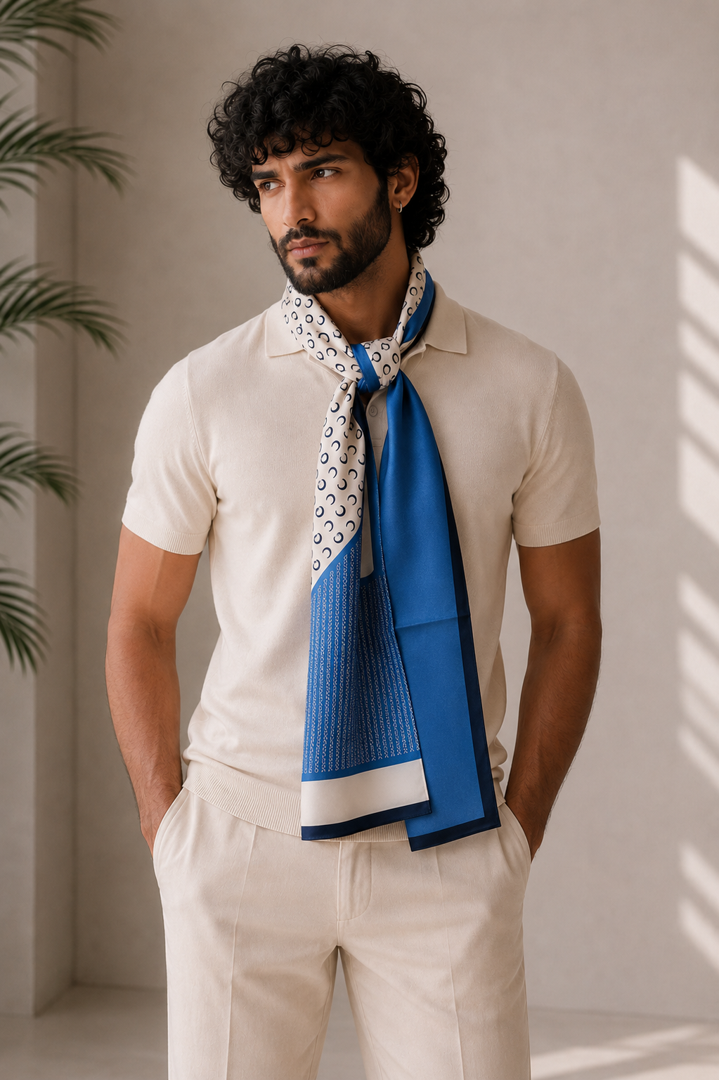 Man wearing a blue silk scarf with ivory print and navy border styled over an off-white polo shirt