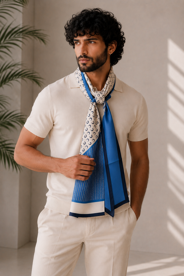 Man wearing a blue silk scarf with ivory print and navy border styled over an off-white polo shirt