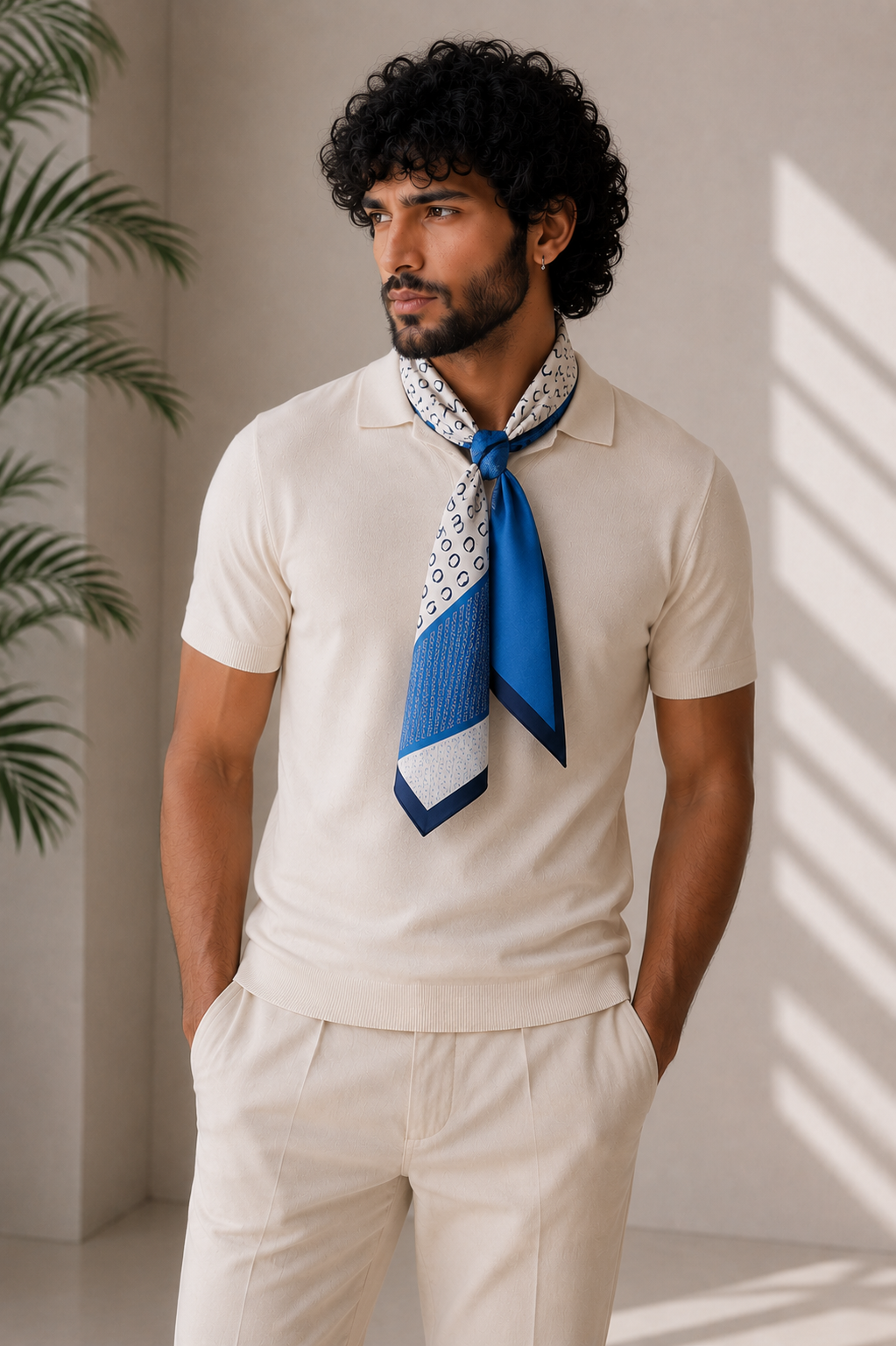 Man wearing a blue silk scarf with ivory print and navy border styled over an off-white polo shirt