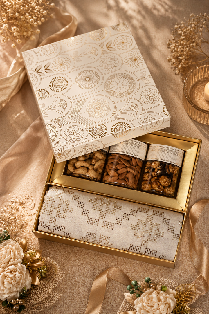 White &amp; Gold Swarovski Pashmina Blend Stole – Luxury Diwali, Wedding &amp; Festive Gift Box Hamper
