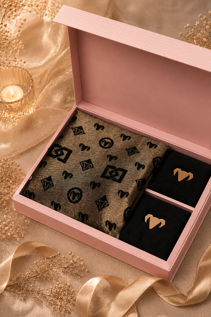 Black &amp; Gold Pashmina Zari blend stole Gift Box with Jewellery – Luxury Wedding &amp; Festive Hamper