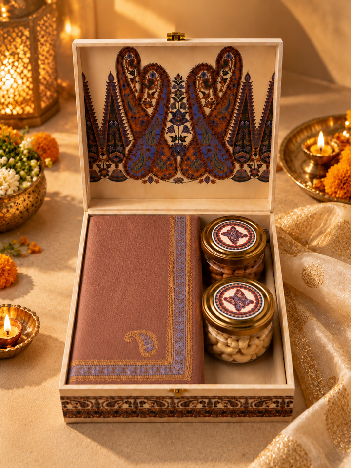 Royal Paisley Diwali Fine Wool Stole Gift Box with Dry Fruits