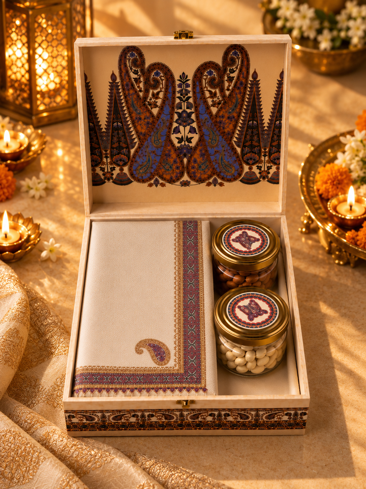 Royal Paisley Diwali Fine Wool Stole Gift Box with Dry Fruits