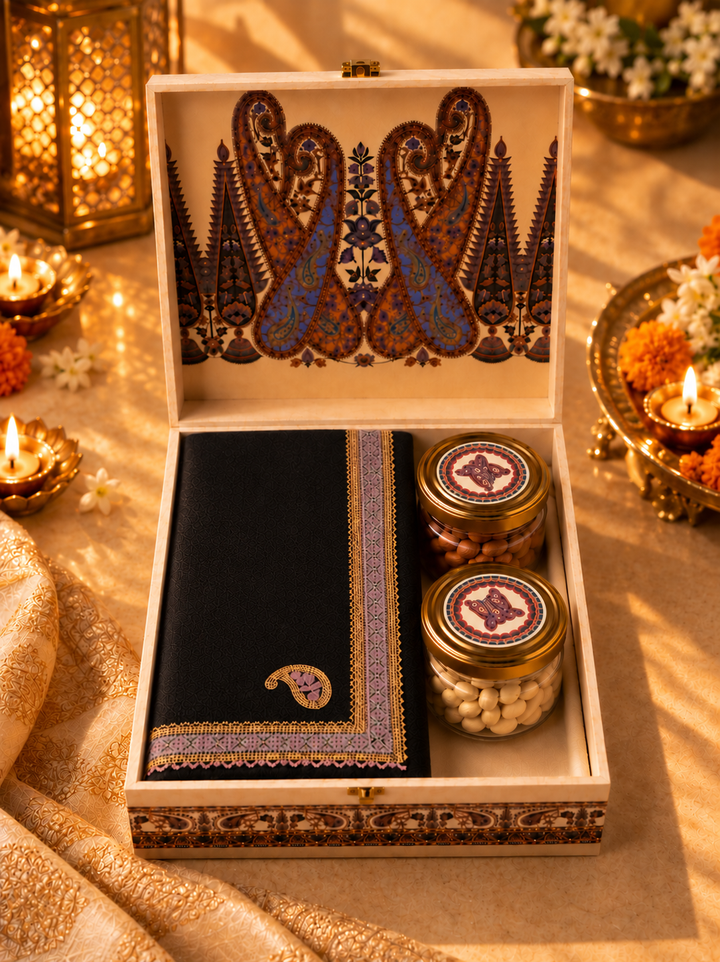 Royal Paisley Diwali Fine Wool Stole Gift Box with Dry Fruits