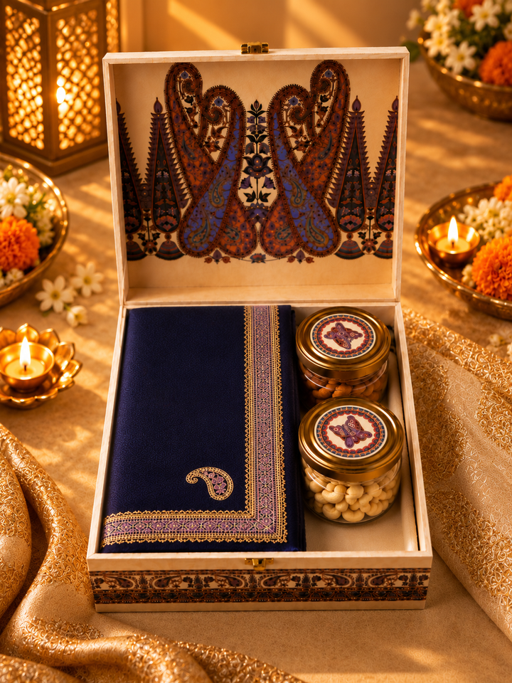 Royal Paisley Diwali Fine Wool Stole Gift Box with Dry Fruits